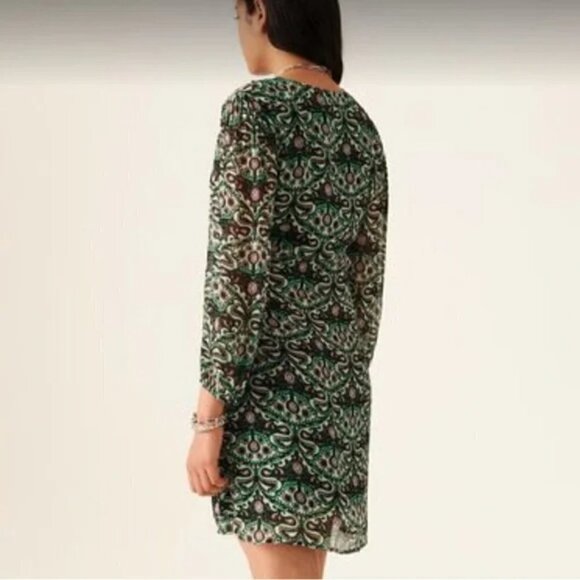 NEW Ba&sh Fanny Ruched Mini Dress - Green Motif - size Large - Picture 2 of 5